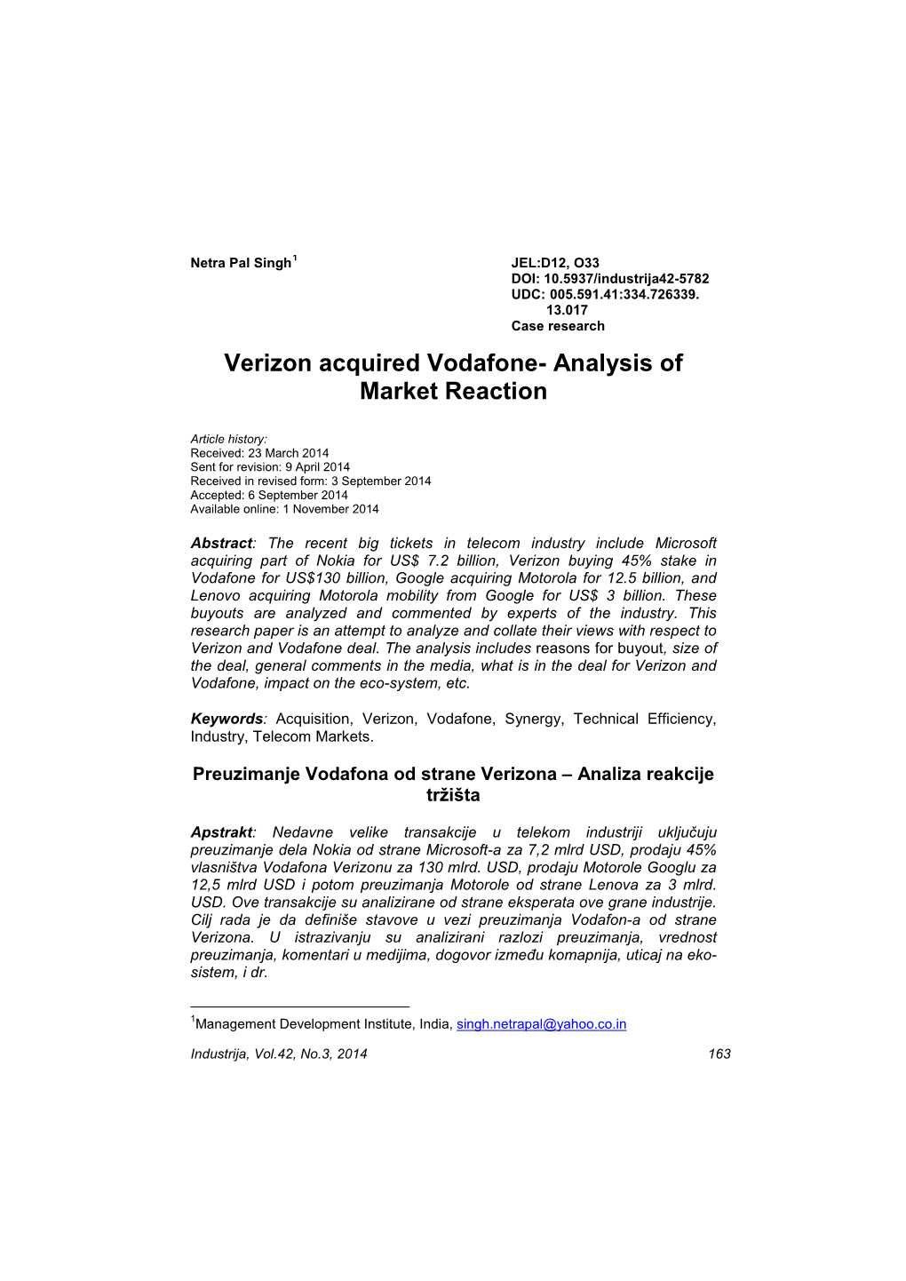 Verizon Acquired Vodafone- Analysis of Market Reaction