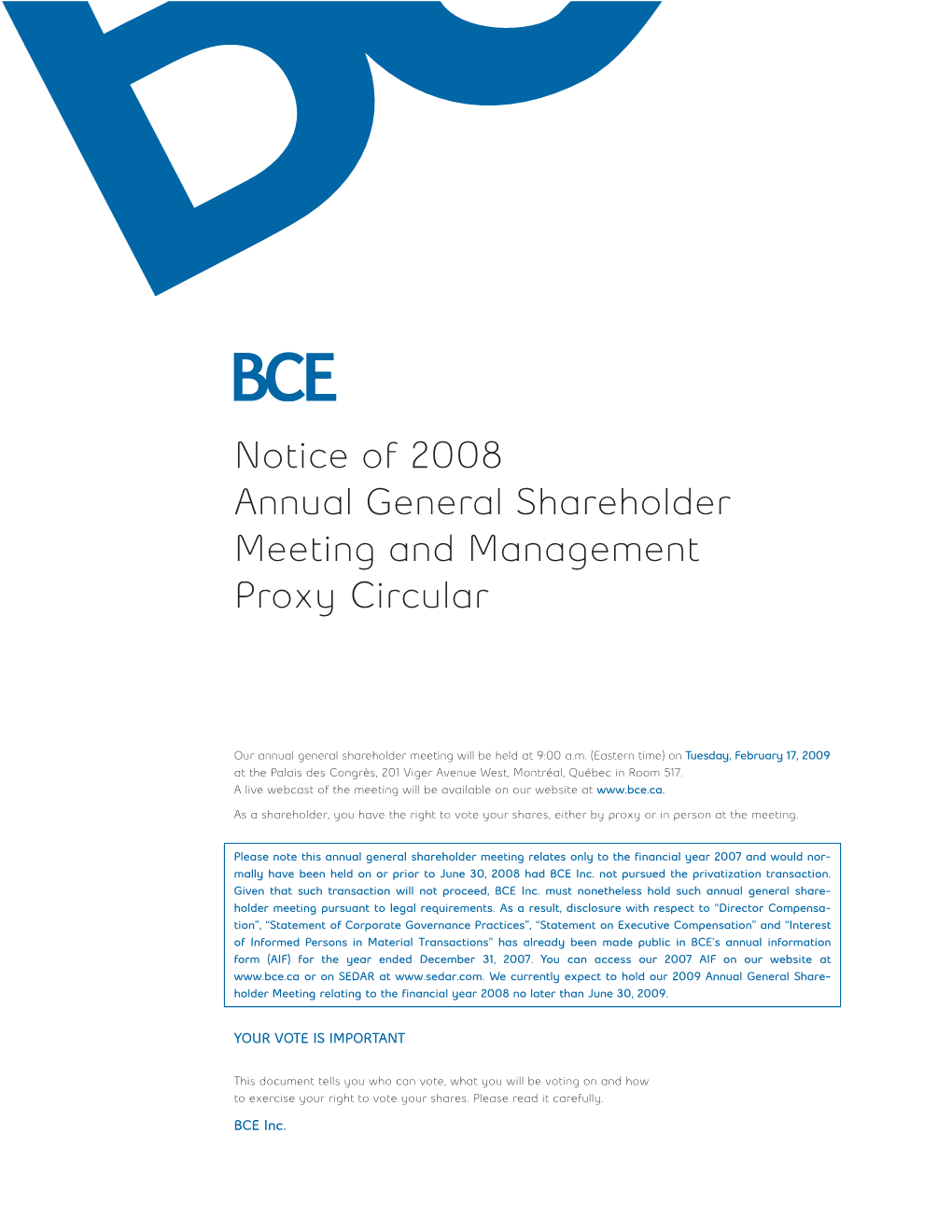 Notice of 2008 Annual General Shareholder Meeting and Management Proxy Circular