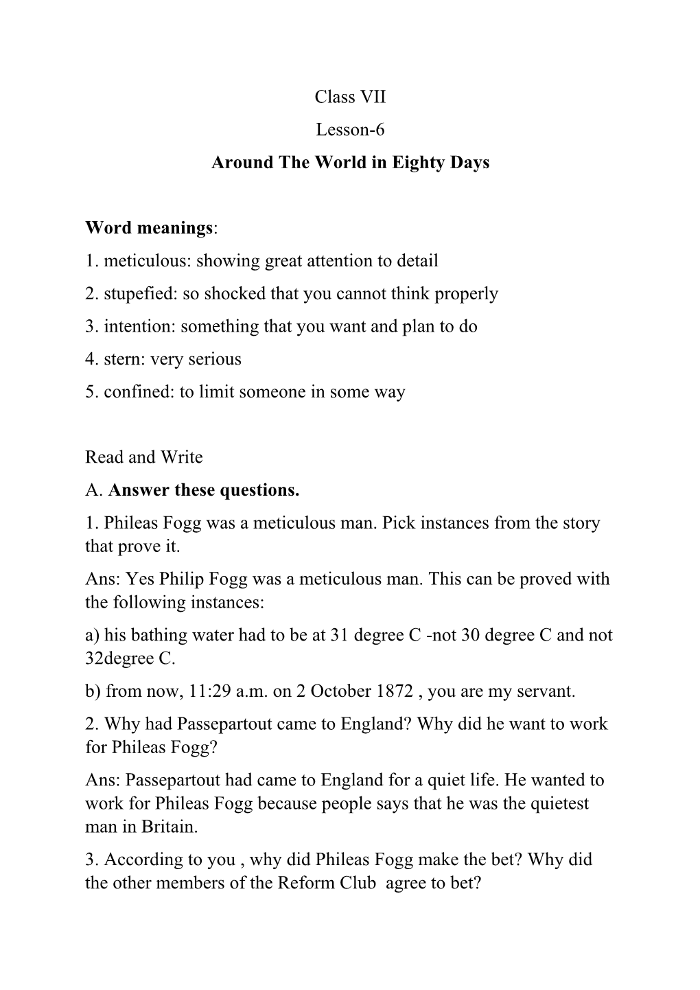 Class VII Lesson-6 Around the World in Eighty Days Word Meanings