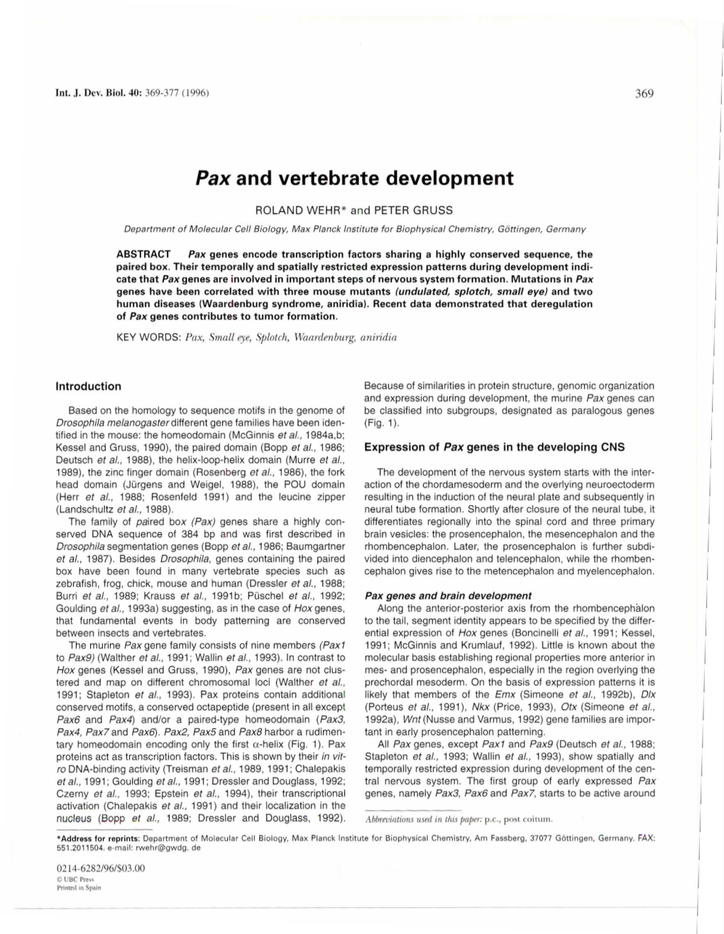 Pax and Vertebrate Development I