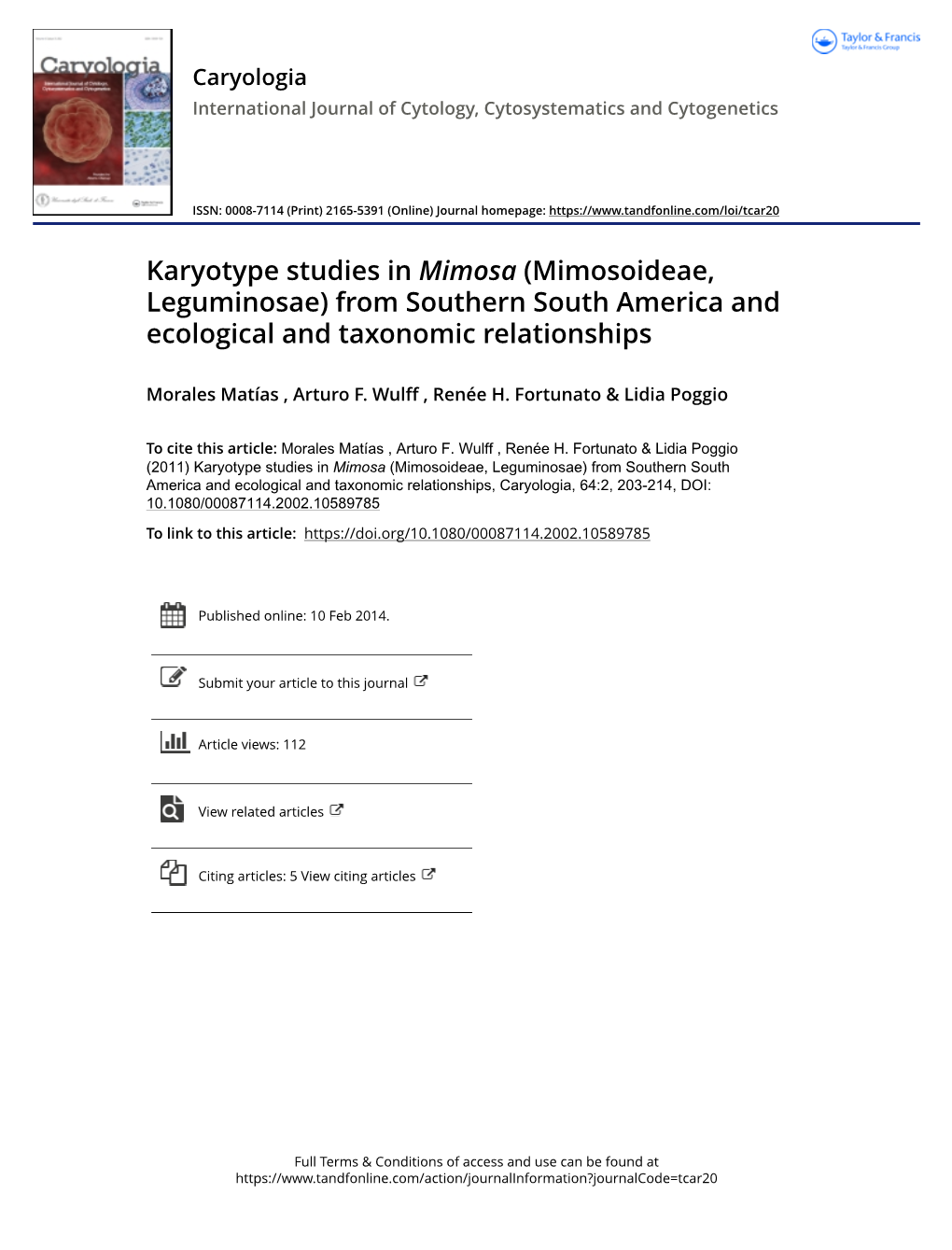 Karyotype Studies in Mimosa (Mimosoideae, Leguminosae) from Southern South America and Ecological and Taxonomic Relationships