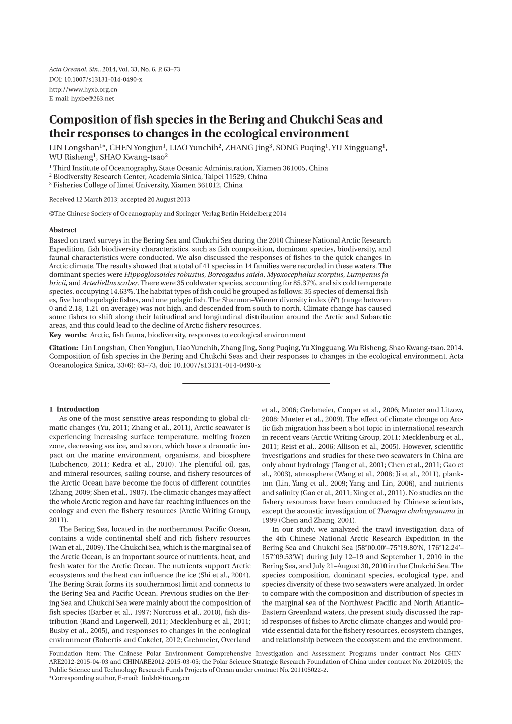 Composition of Fish Species in the Bering and Chukchi Seas and Their Responses to Changes in the Ecological Environment