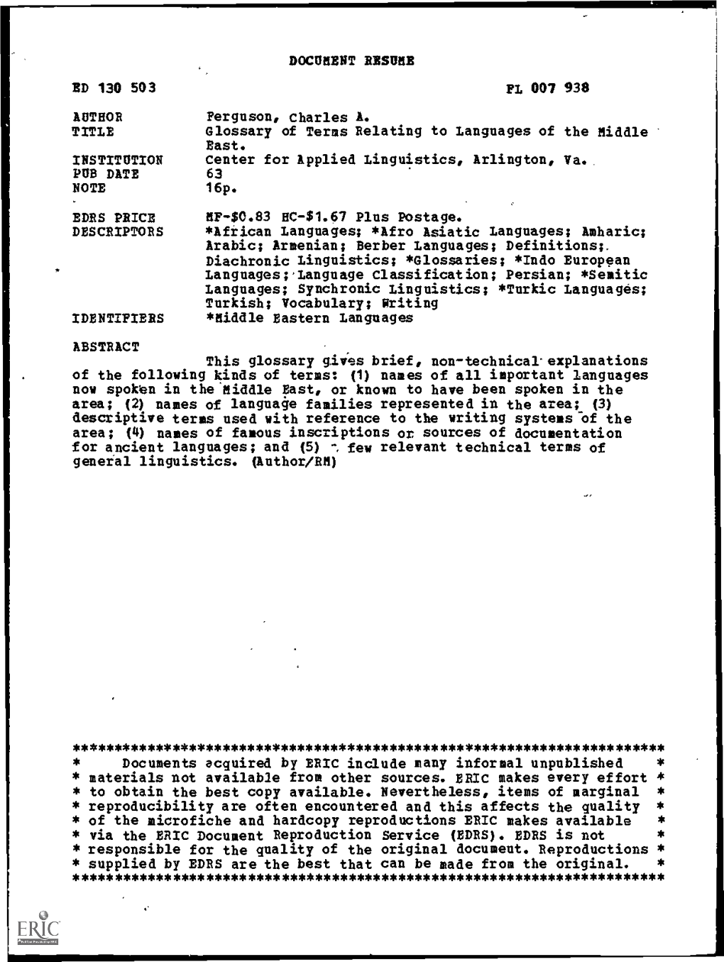 Glossary of Terms Relating to Languages of the Middle East. INSTITUTION Center for Applied Linguistics, Arlington, Va