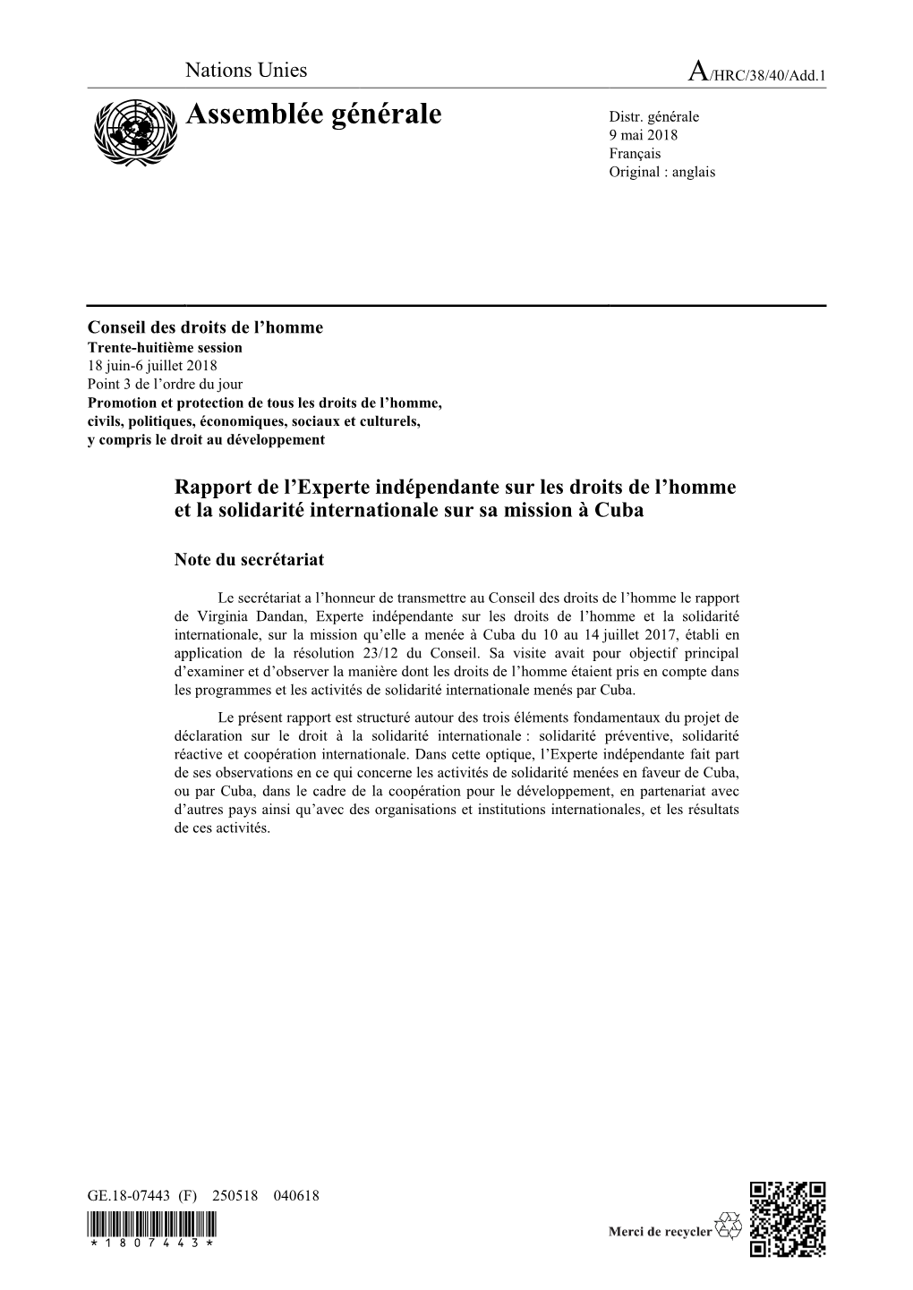 Page 1 GE.18-07443 (F) 250518 040618 Conseil Des Droits De L