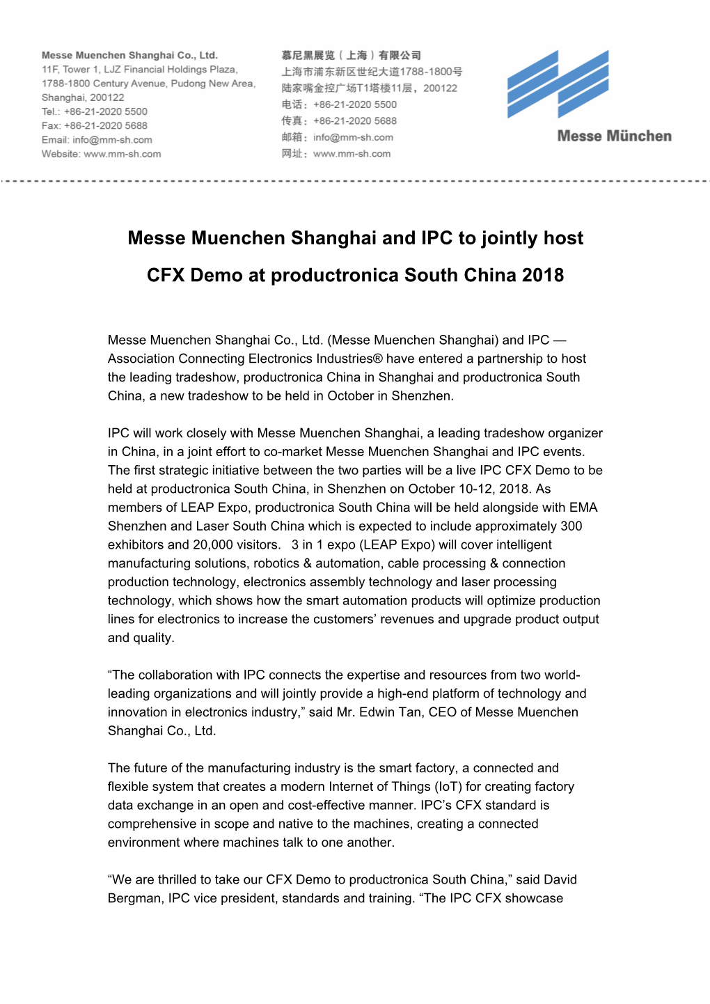 Messe Muenchen Shanghai and IPC to Jointly Host CFX Demo at Productronica South China 2018