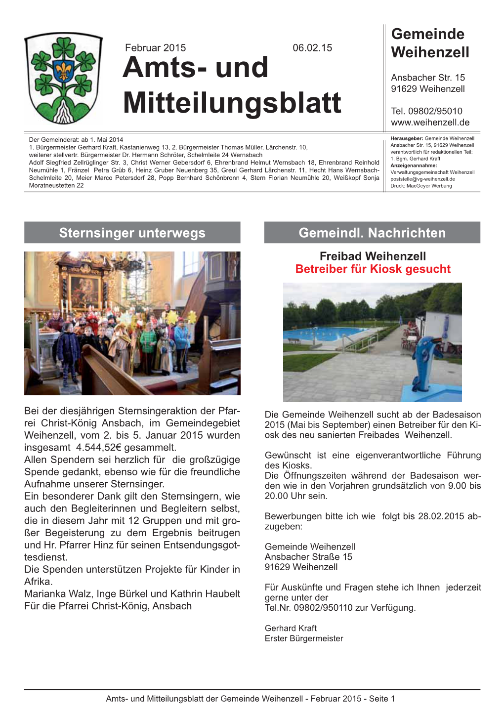 Amts- Und Mitteilungsblatt Der Gemeinde Weihenzell - Februar 2015 - Seite 1 Öffnungszeiten, Termine