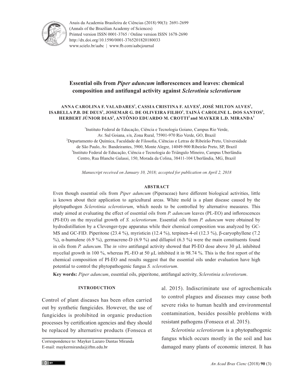 Essential Oils from Piper Aduncum Inflorescences and Leaves: Chemical Composition and Antifungal Activity Against Sclerotinia Sclerotiorum