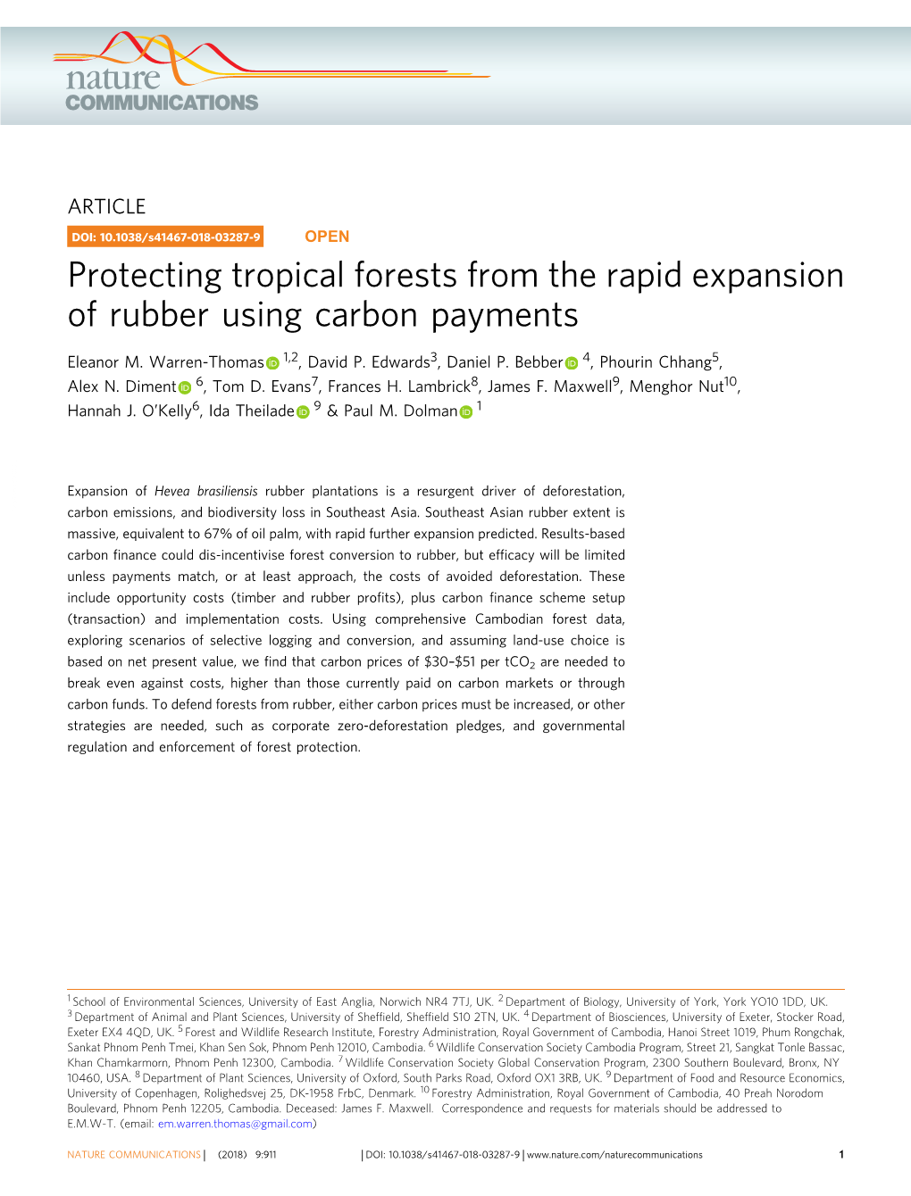 Protecting Tropical Forests from the Rapid Expansion of Rubber Using Carbon Payments