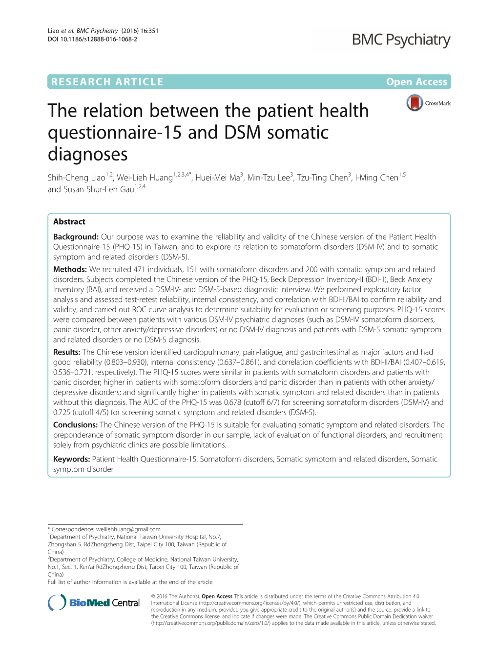 The Relation Between the Patient Health Questionnaire-15 and DSM