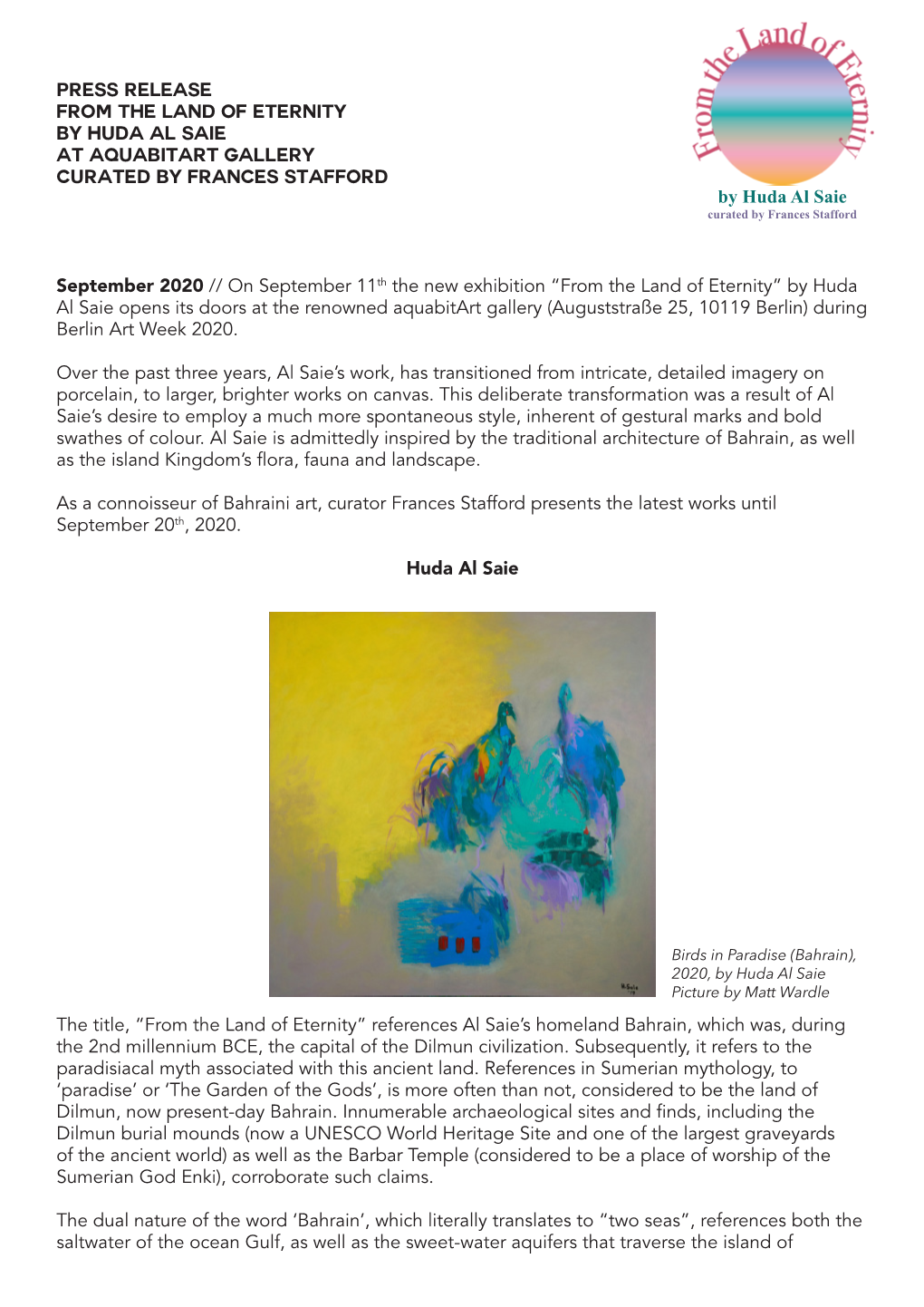 PRESS RELEASE from the Land of Eternity by Huda Al Saie at Aquabitart Gallery Curated by Frances Stafford September 2020 // on S