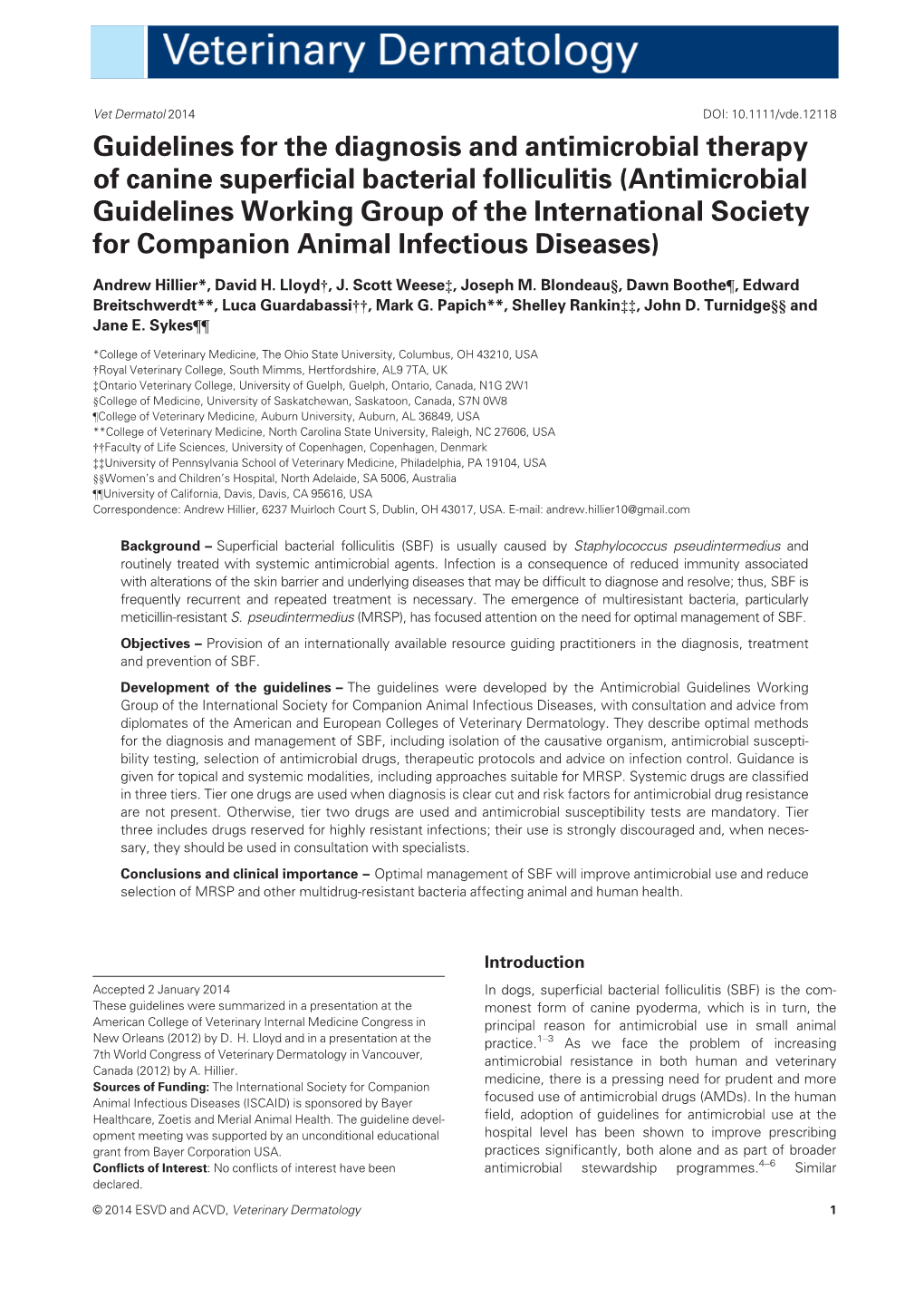 Guidelines for the Diagnosis and Antimicrobial Therapy of Canine Superficial Bacterial Folliculitis