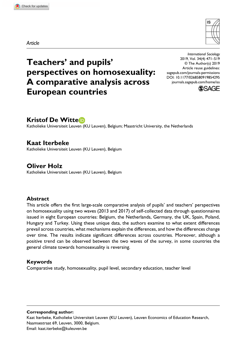 Teachers' and Pupils' Perspectives on Homosexuality: a Comparative