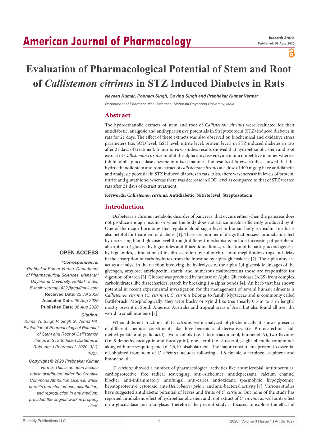Evaluation of Pharmacological Potential of Stem and Root of Callistemon Citrinus in STZ Induced Diabetes in Rats