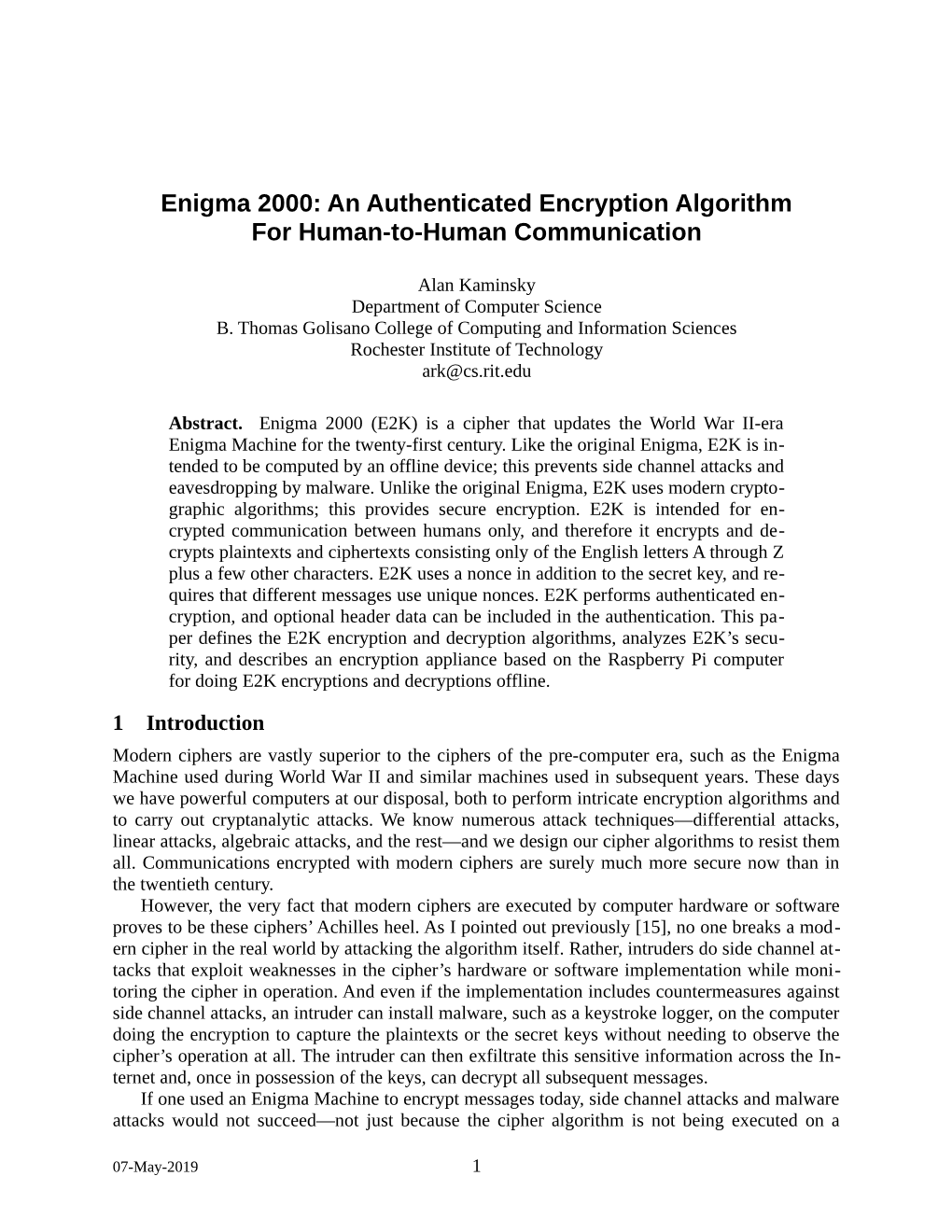 Enigma 2000: an Authenticated Encryption Algorithm for Human-To-Human Communication