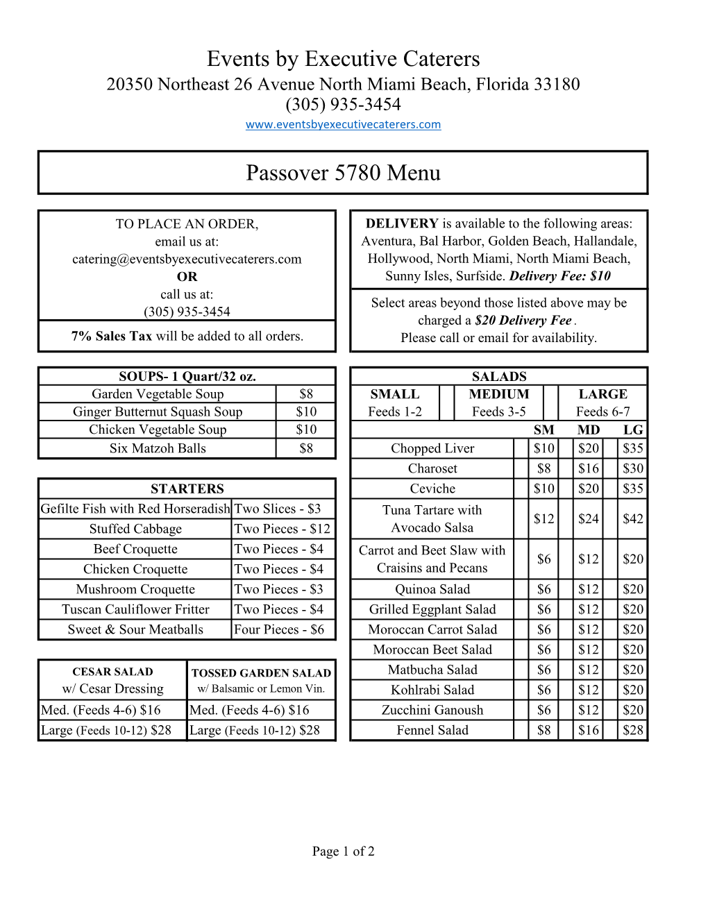 Events by Executive Caterers Passover 5780 Menu