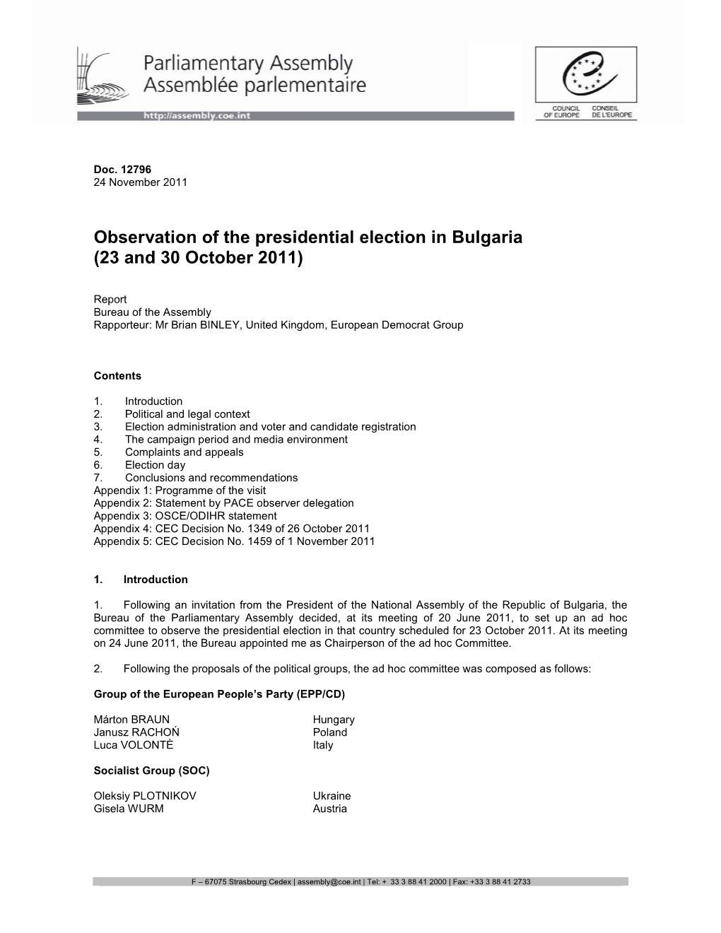Observation of the Presidential Election in Bulgaria (23 and 30 October 2011)