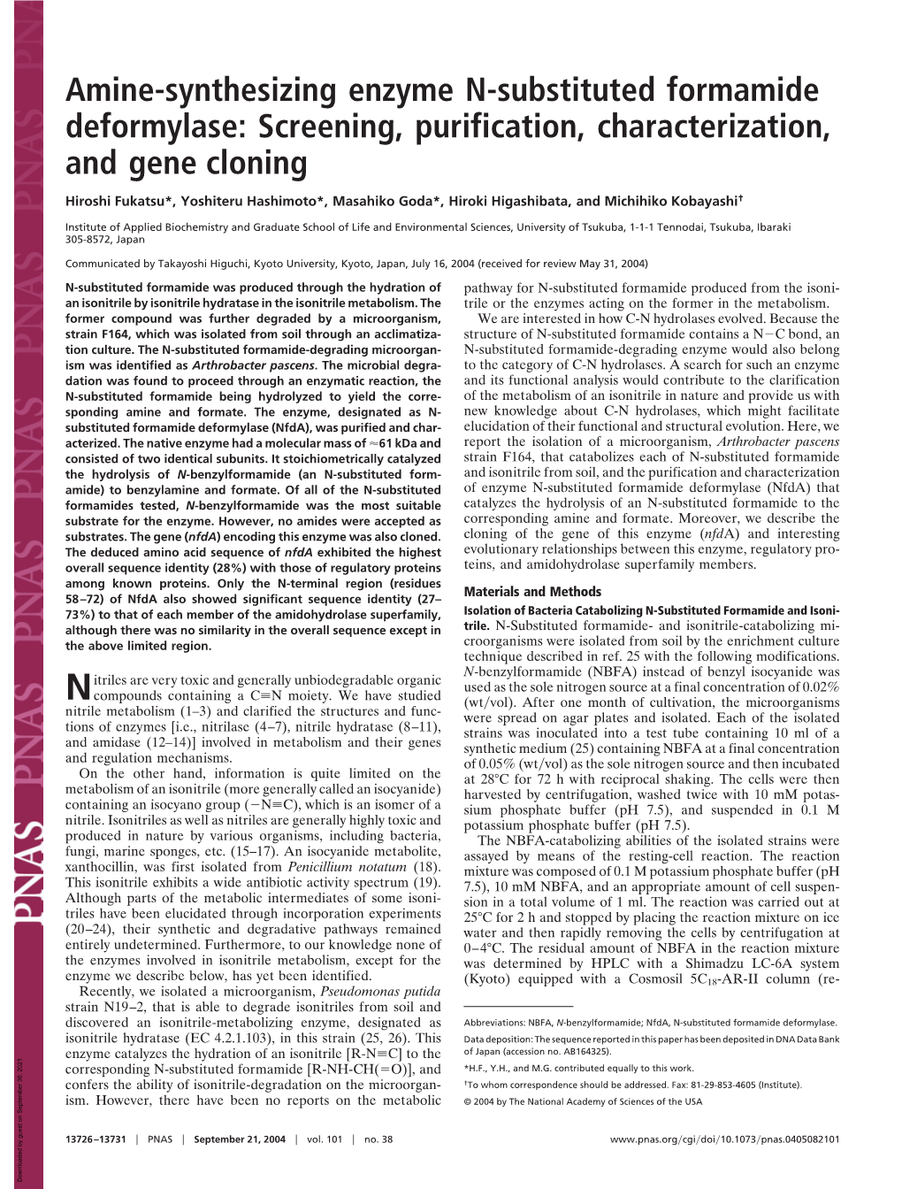 Amine-Synthesizing Enzyme N-Substituted Formamide Deformylase: Screening, Purification, Characterization, and Gene Cloning