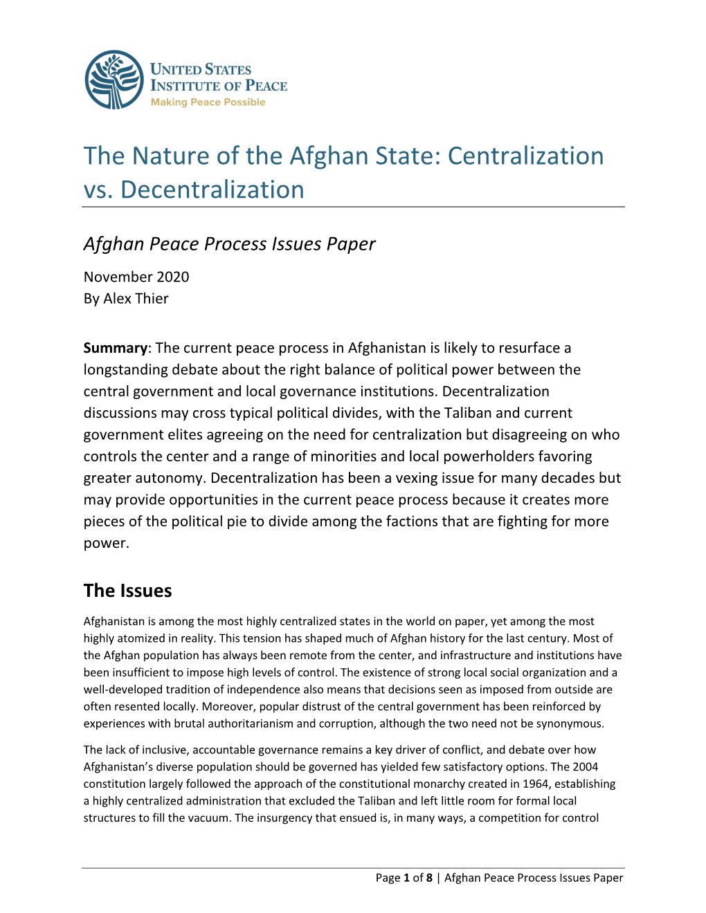 The Nature of the Afghan State: Centralization Vs. Decentralization