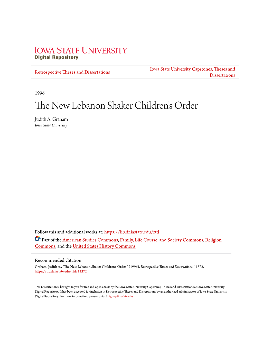 The New Lebanon Shaker Children's Order