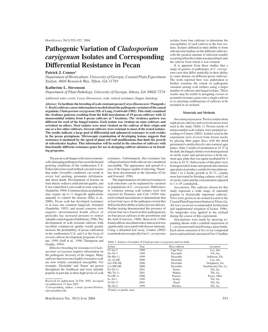 Pathogenic Variation of Cladosporium Caryigenum Isolates And