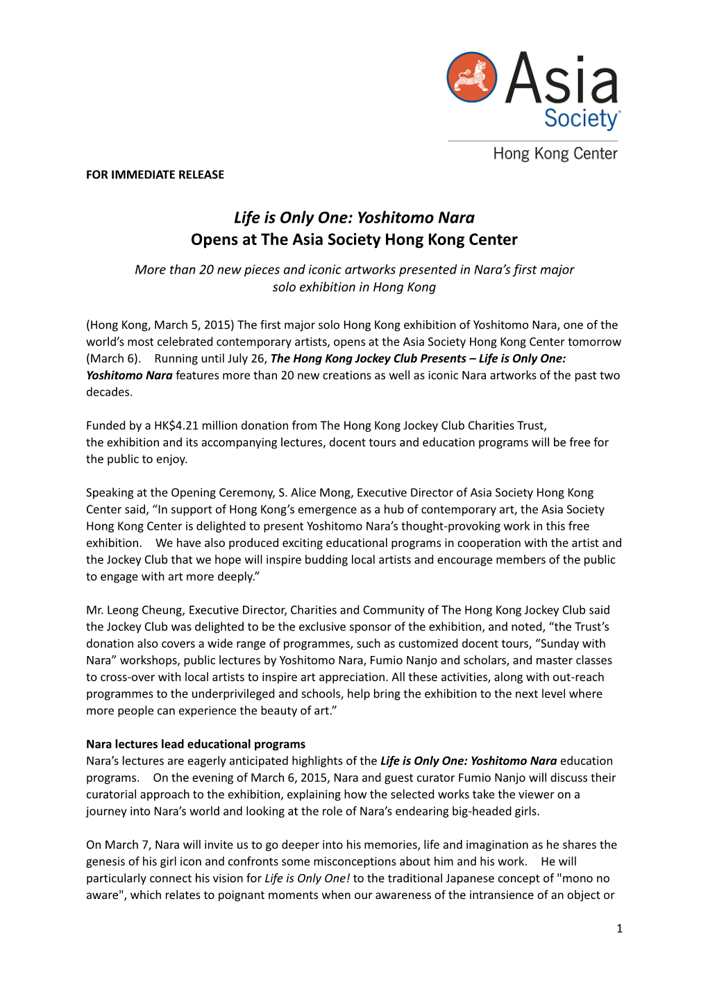 Life Is Only One: Yoshitomo Nara Opens at the Asia Society Hong