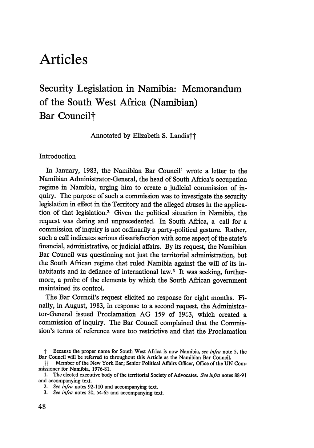 Security Legislation in Namibia: Memorandum of the South West Africa (Namibian) Bar Councilt