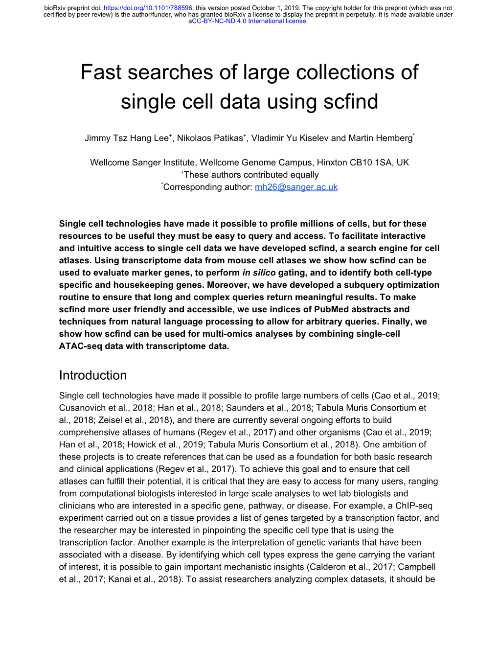 Fast Searches of Large Collections of Single Cell Data Using Scfind