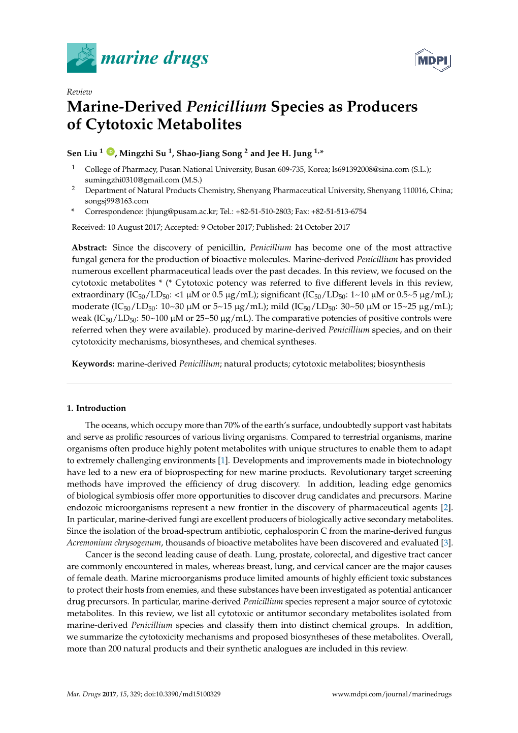 Marine-Derived Penicillium Species As Producers of Cytotoxic Metabolites