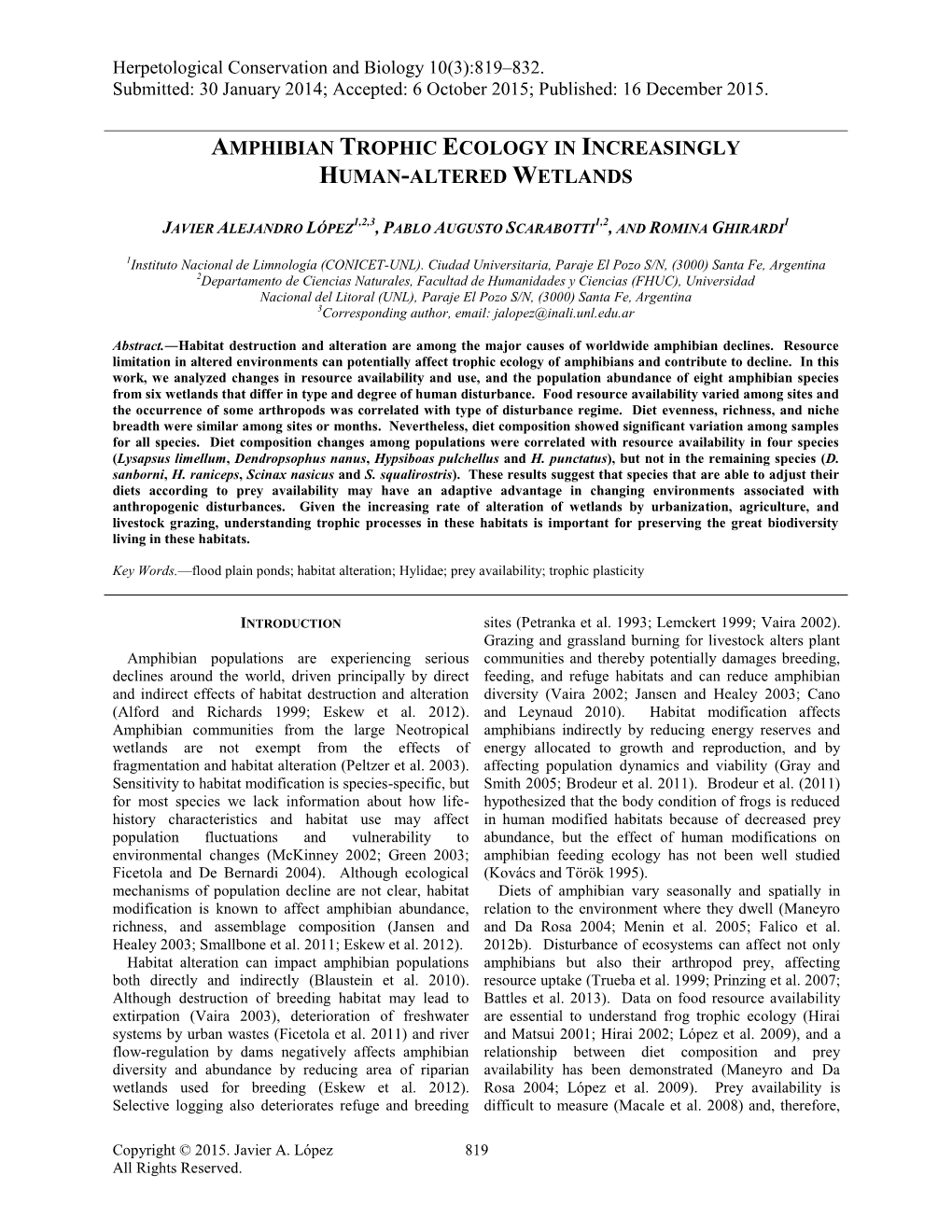 Amphibian Trophic Ecology in Increasingly Human-Altered Wetlands