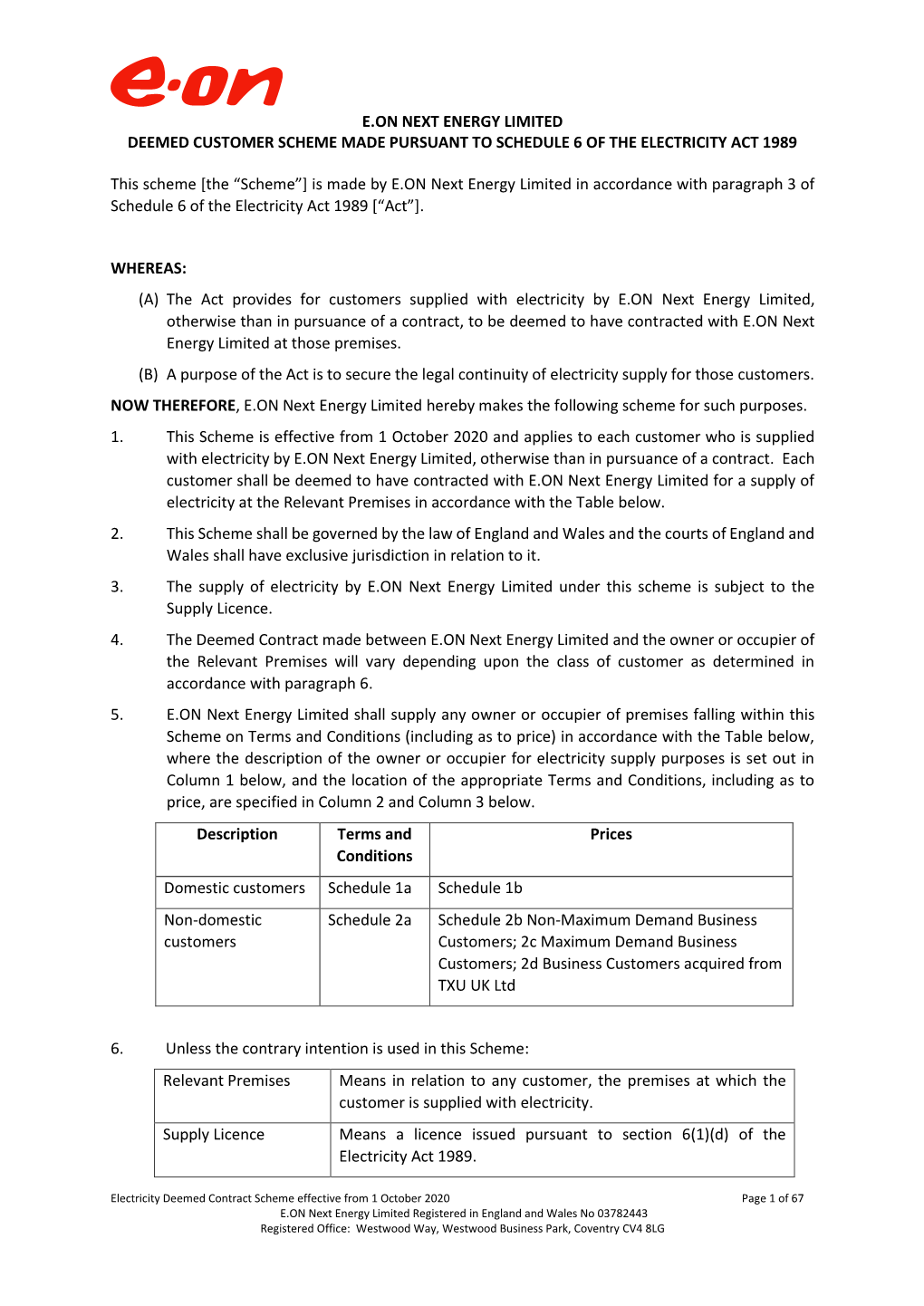 E.On Next Energy Limited Deemed Customer Scheme Made Pursuant to Schedule 6 of the Electricity Act 1989