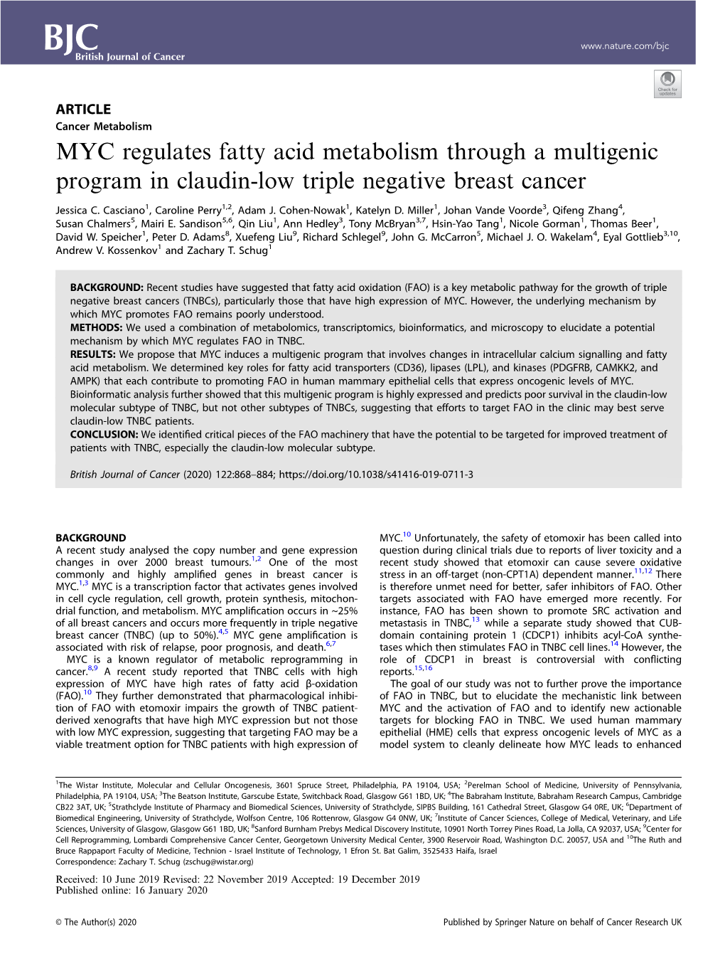 MYC Regulates Fatty Acid Metabolism Through a Multigenic Program in Claudin-Low Triple Negative Breast Cancer