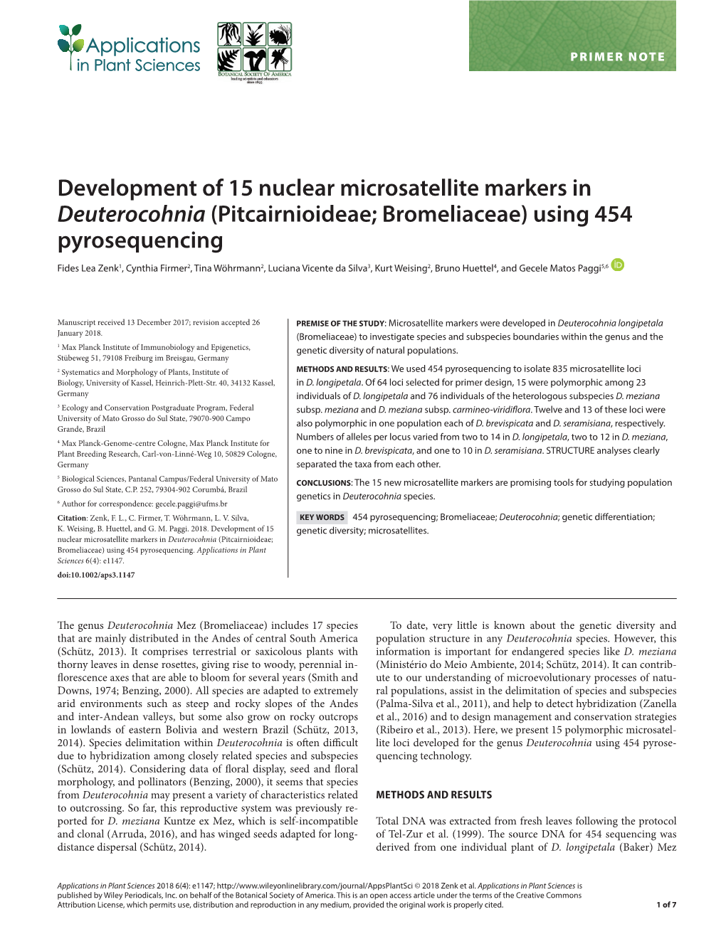 Development of 15 Nuclear Microsatellite Markers in Deuterocohnia (Pitcairnioideae; Bromeliaceae) Using 454 Pyrosequencing