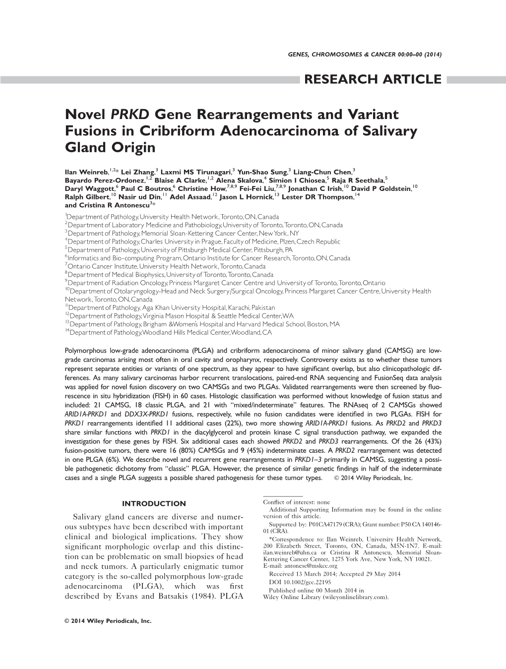 Novel PRKD Gene Rearrangements and Variant Fusions in Cribriform Adenocarcinoma of Salivary Gland Origin