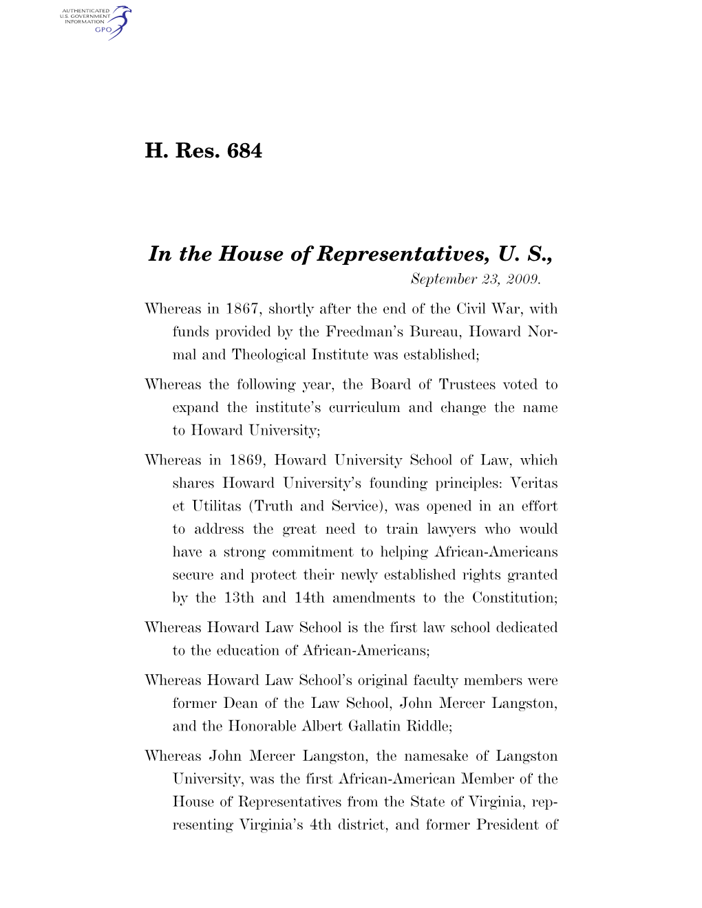 H. Res. 684 in the House of Representatives, U