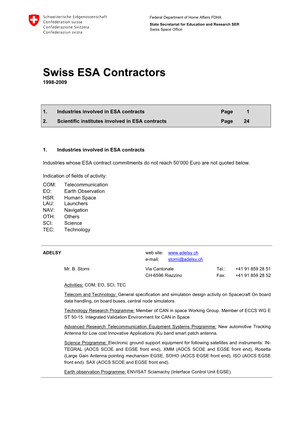 Swiss ESA Contractors 1998-2009