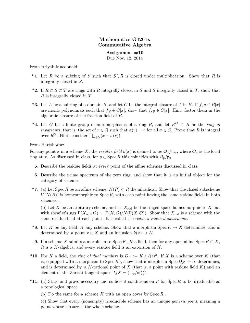 Mathematics G4261x Commutative Algebra Assignment #10 Due Nov