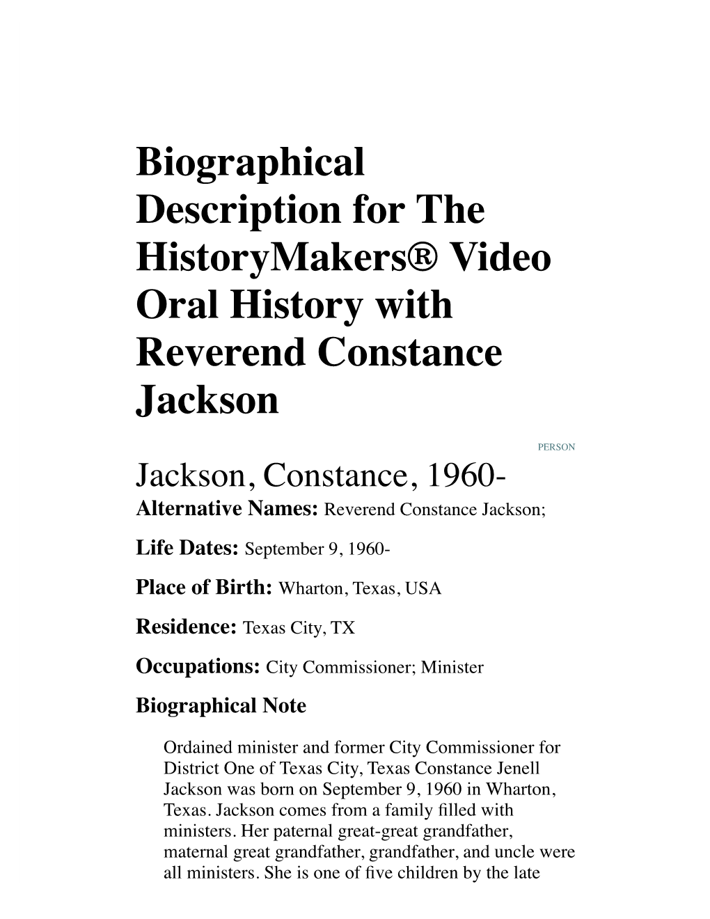 Biographical Description for the Historymakers® Video Oral History with Reverend Constance Jackson