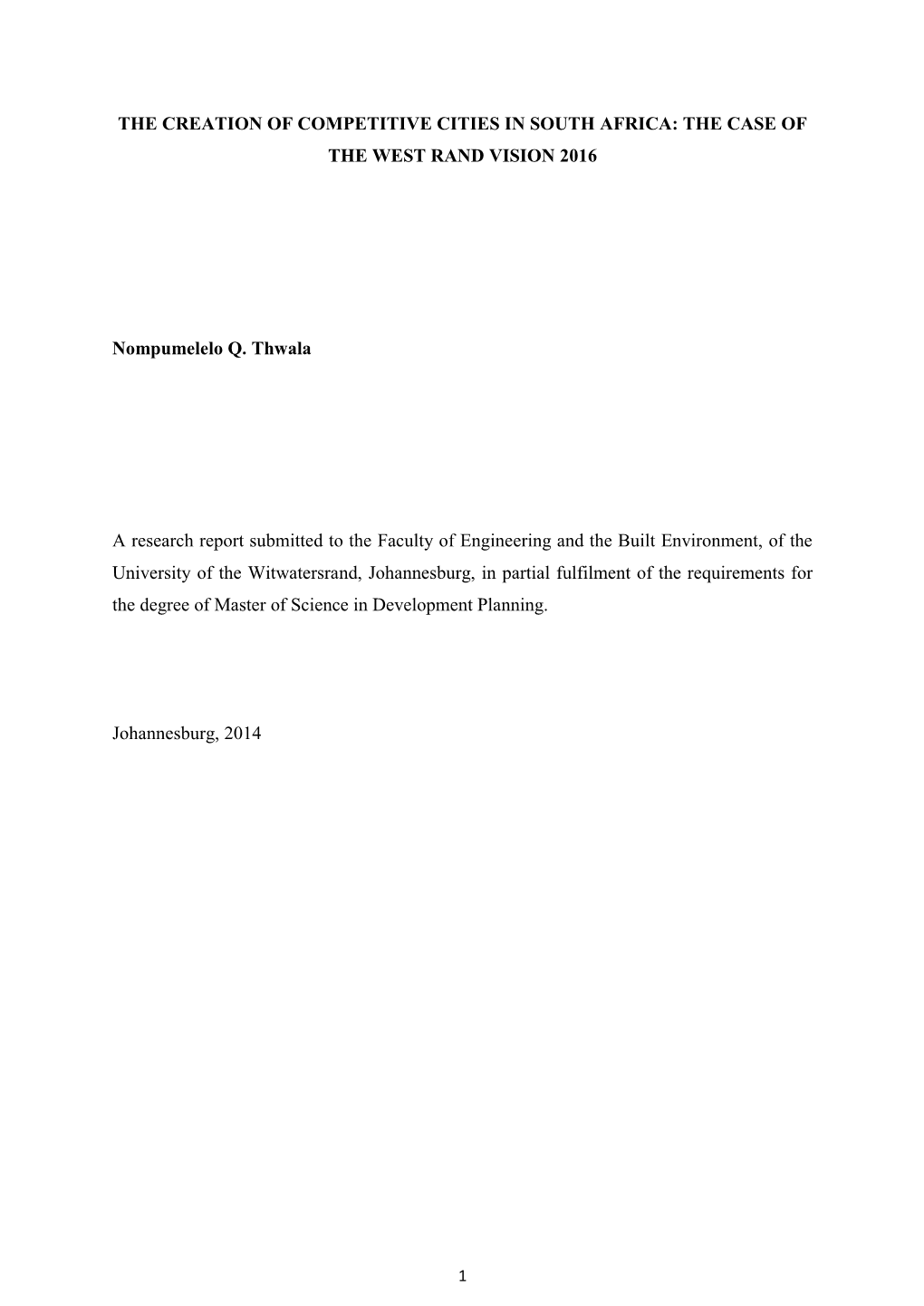 The Creation of Competitive Cities in South Africa: the Case of the West Rand Vision 2016
