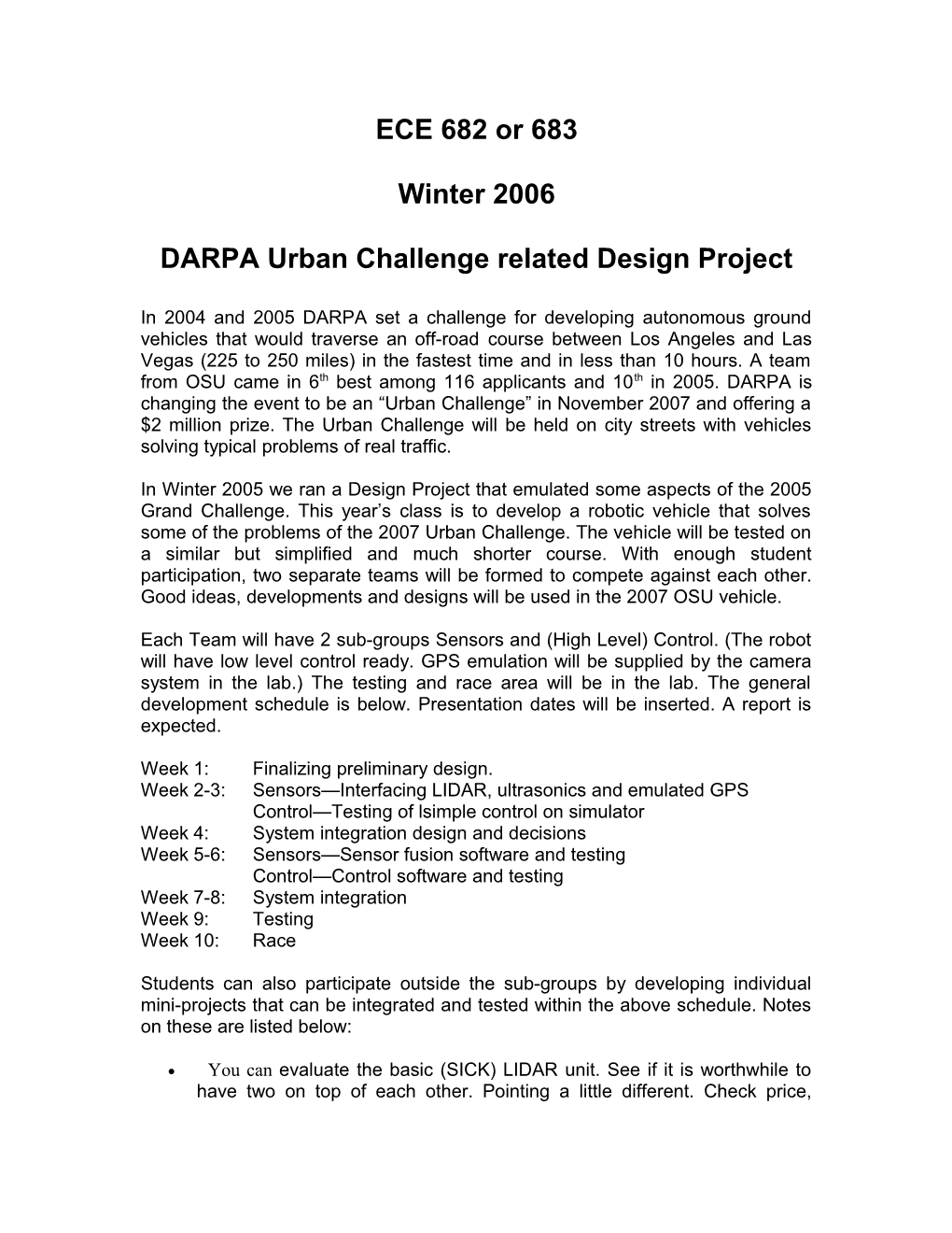 DARPA Urban Challenge Related Design Project