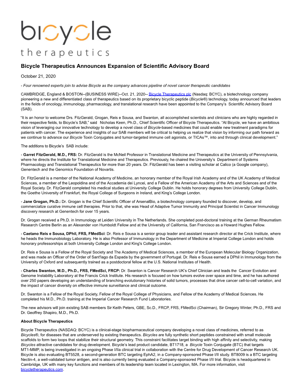 Bicycle Therapeutics Announces Expansion of Scientific Advisory Board