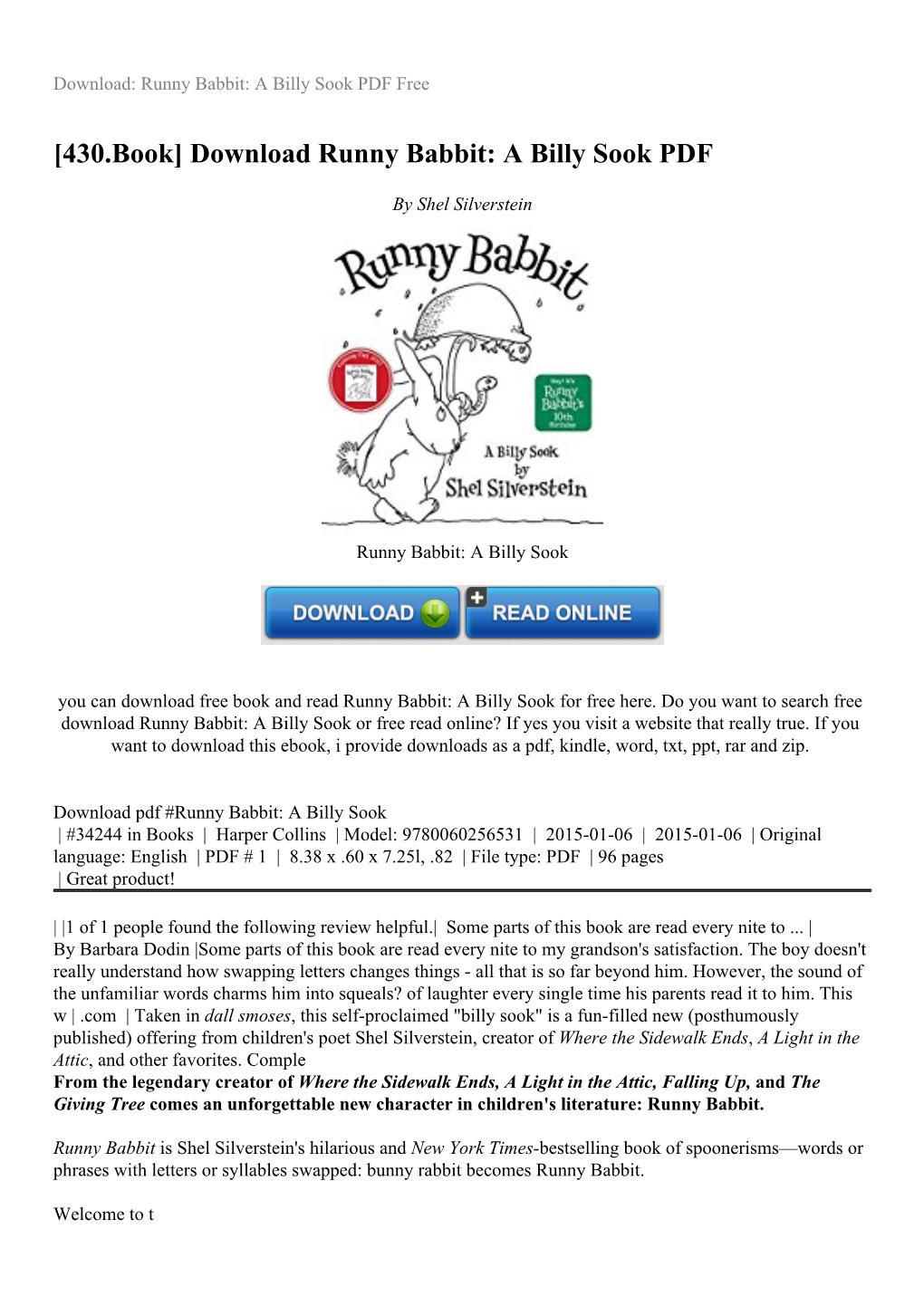 Download Runny Babbit: a Billy Sook PDF