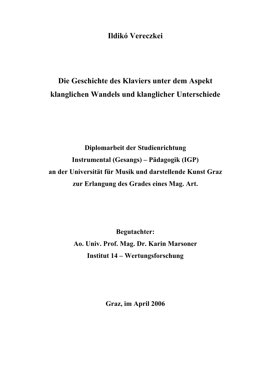 Ildikó Vereczkei Die Geschichte Des Klaviers Unter Dem Aspekt