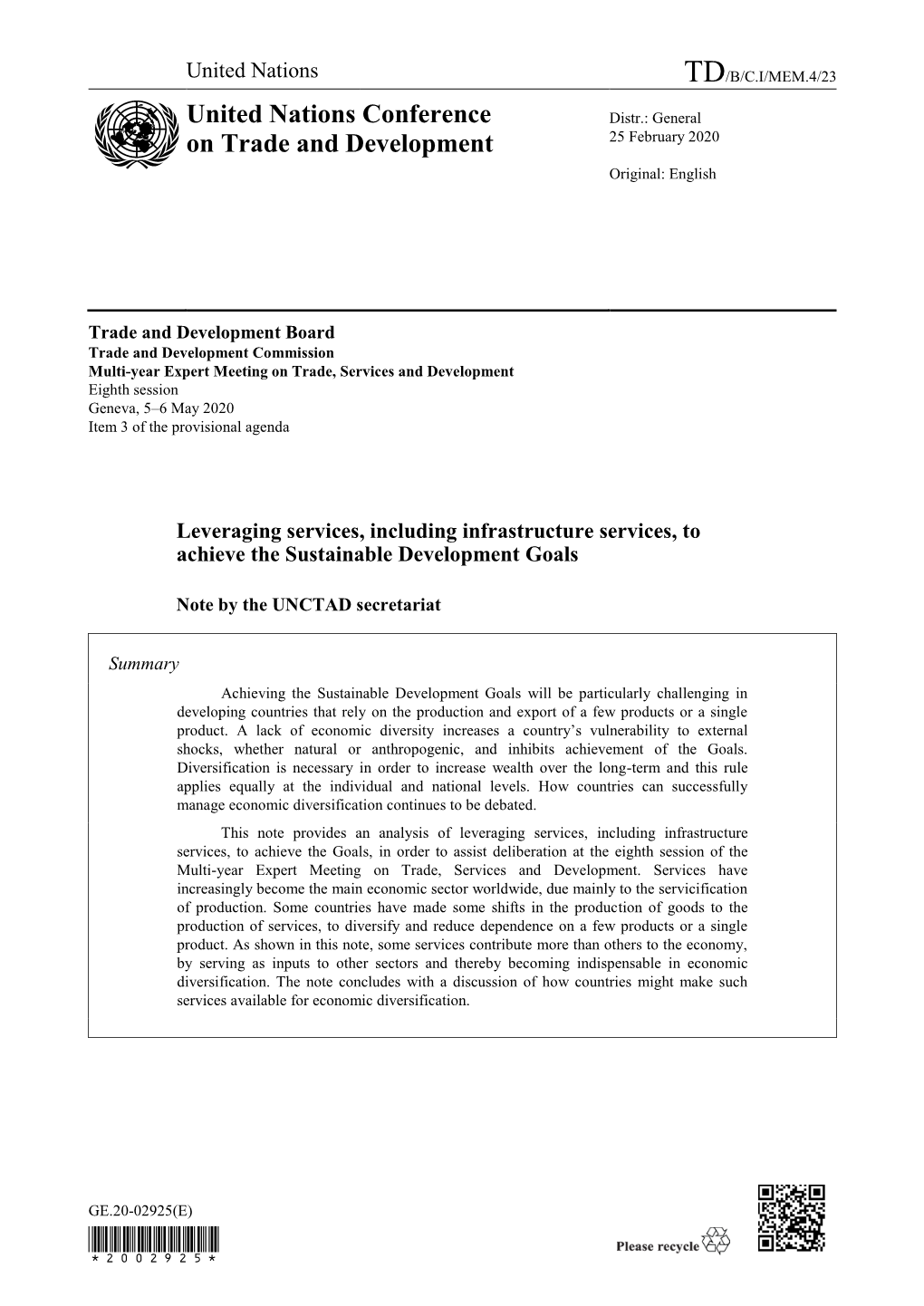 Leveraging Services, Including Infrastructure Services, to Achieve the Sustainable Development Goals