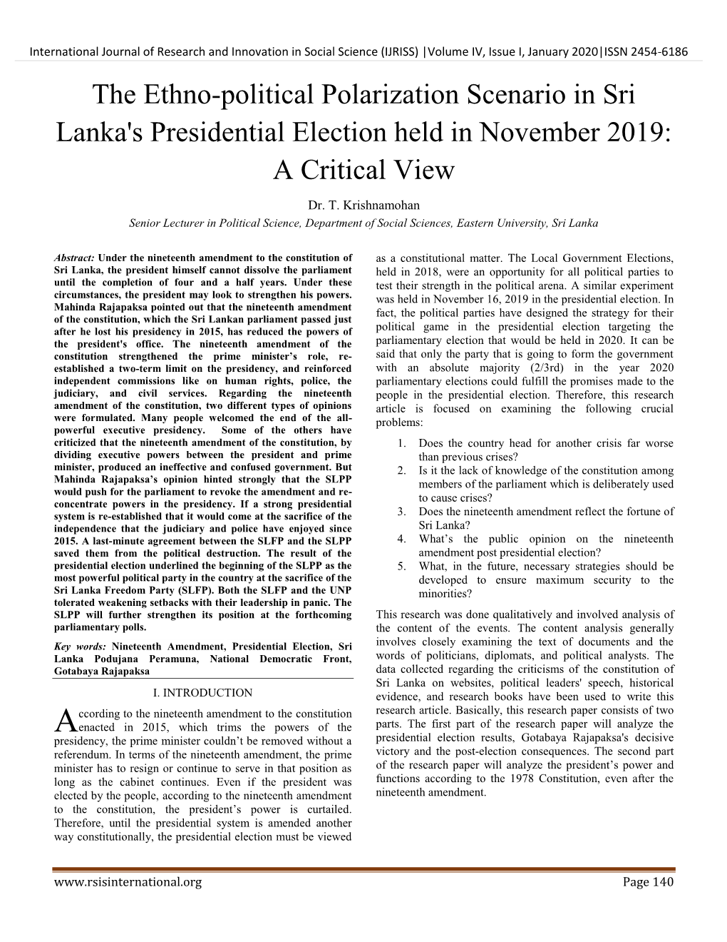 The Ethno-Political Polarization Scenario in Sri Lanka's Presidential Election Held in November 2019: a Critical View