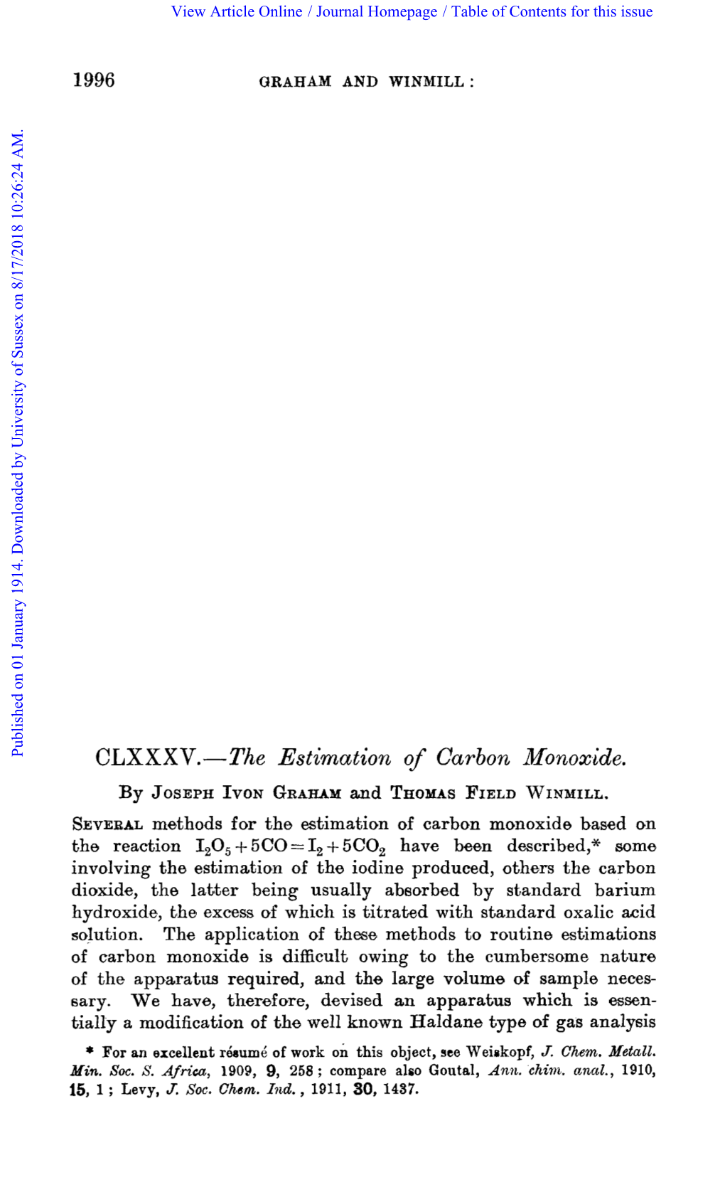 CLXXXV.-The Estimation of Carbon Monoxide. by JOSEPHIVON Grahamand THOMASFIELD WINMILL