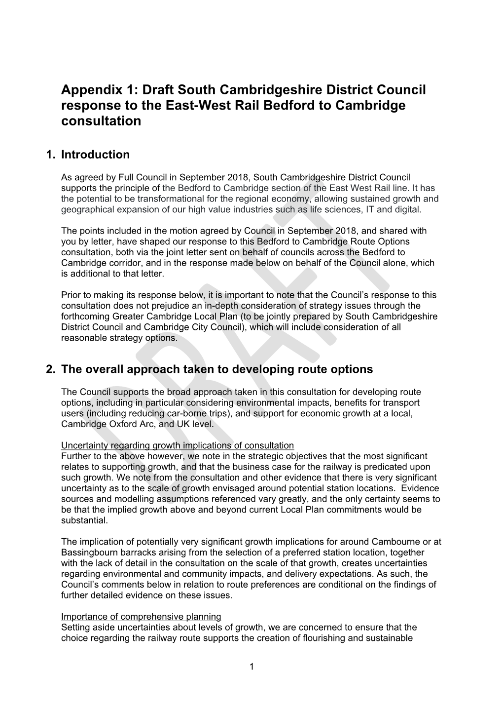 Draft South Cambridgeshire District Council Response to the East-West Rail Bedford to Cambridge Consultation