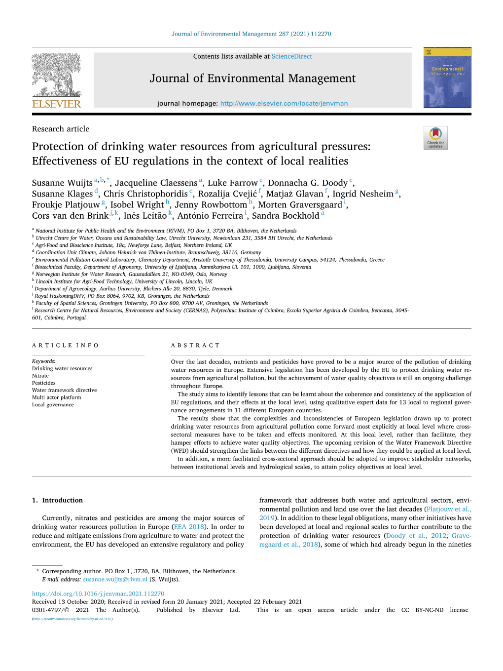 Protection of Drinking Water Resources from Agricultural Pressures: Effectiveness of EU Regulations in the Context of Local Realities