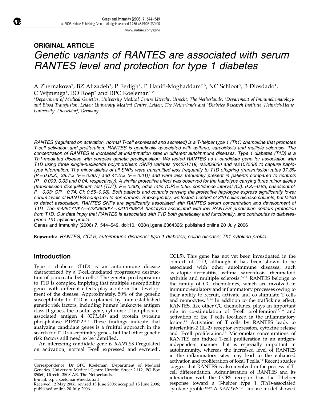 Genetic Variants of RANTES Are Associated with Serum RANTES Level and Protection for Type 1 Diabetes