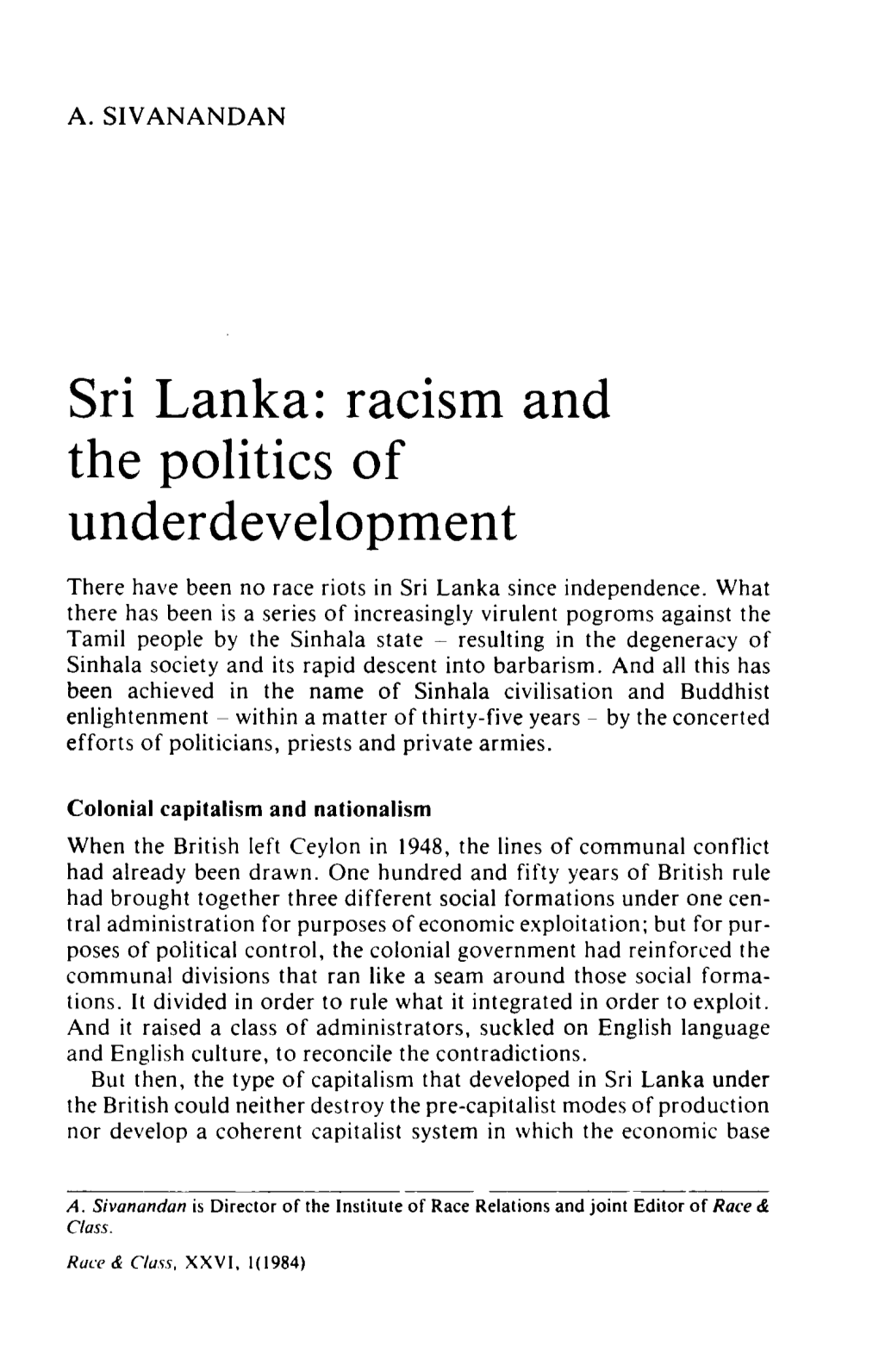 Racism and the Politics of Underdevelopment
