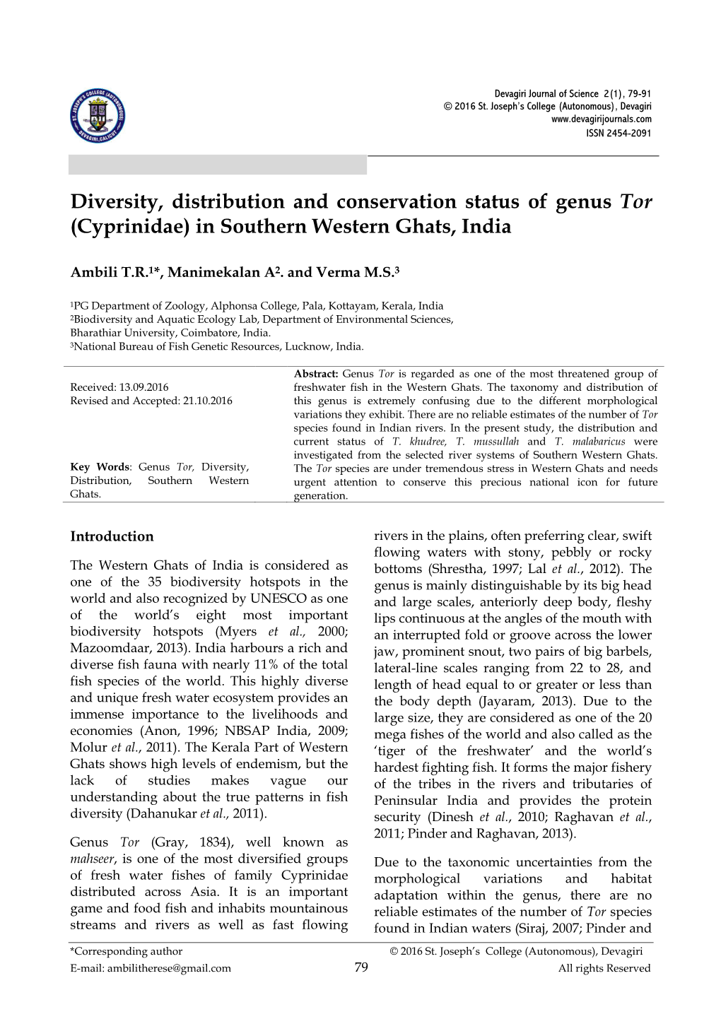 Diversity, Distribution and Conservation Status of Genus Tor (Cyprinidae) in Southern Western Ghats, India